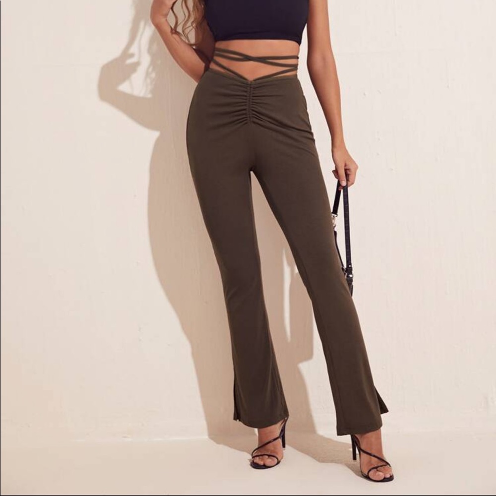 Lace Up Ruched Waist Split Pants🤎